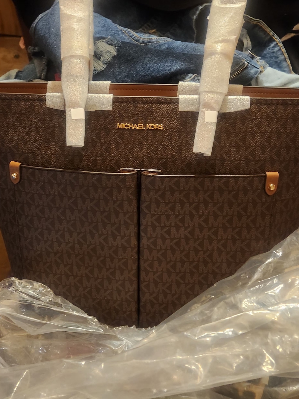 Michael Kors Brown Monogram Briefcase Tote with Gold Hardware
